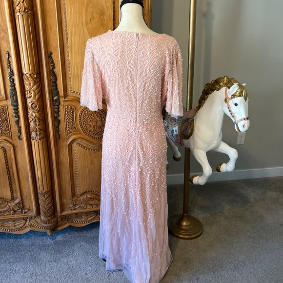 NWT Mac Duggal 35116 8 Pink Wrap Over 8 Flutter Sleeves Midi Beaded Dress Gown - Picture 7 of 10